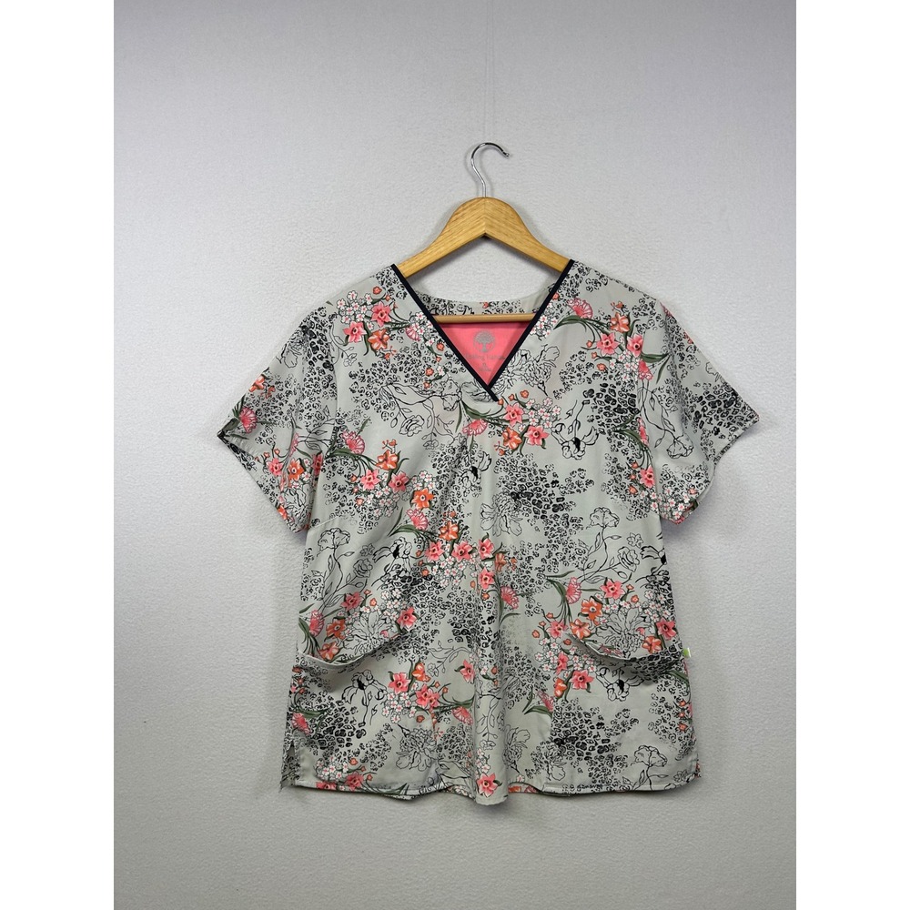 Floral Leopard Healing Hands Womens XL Gray V-Neck Scrub Top 2266-WFW Amanda